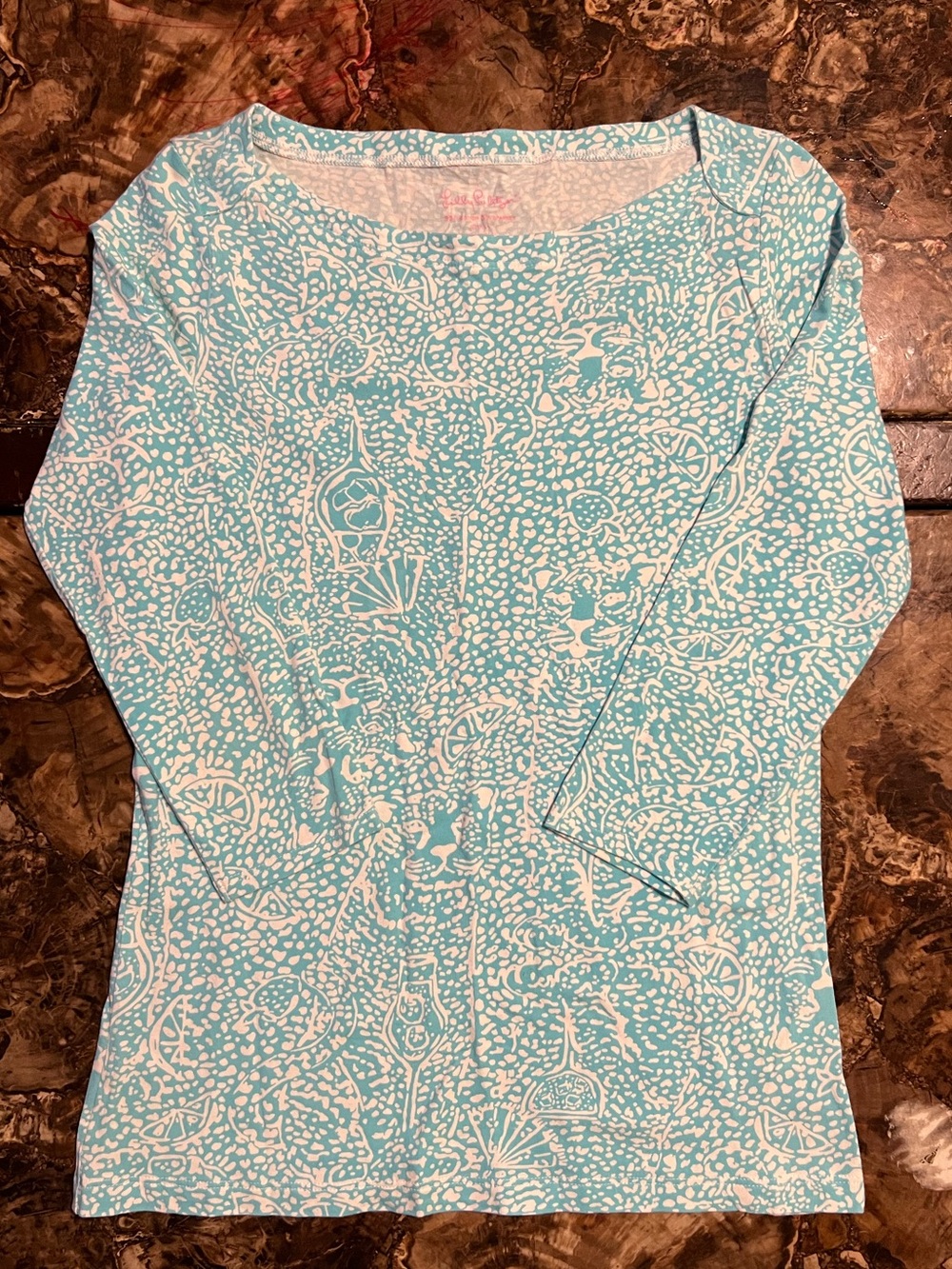 Lilly Pulitzer Aqua & White Long Sleeve Printed Top